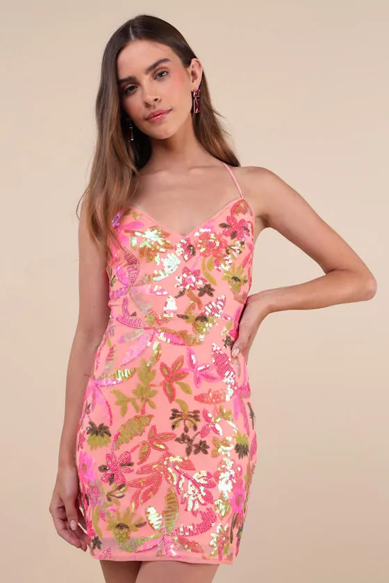 Glittering Icon Pink Iridescent Sequin Lace-Up Mini Dress sold by Lulus product image thumbnail 2