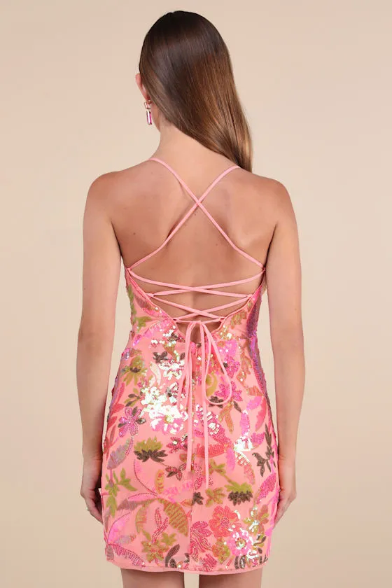 Glittering Icon Pink Iridescent Sequin Lace-Up Mini Dress sold by Lulus product image thumbnail 3