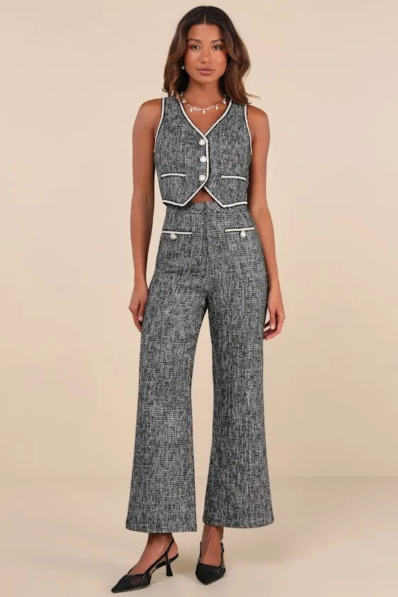 Poised Decision Black Tweed Lurex High-Rise Wide-Leg Pants sold by Lulus