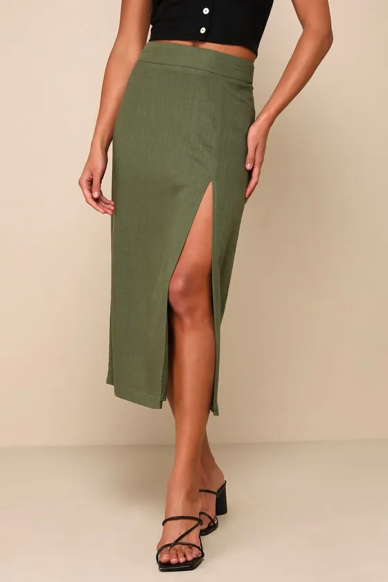 Effortless Aesthetic Olive Green Linen High-Rise Midi Skirt sold by Lulus product image thumbnail 2