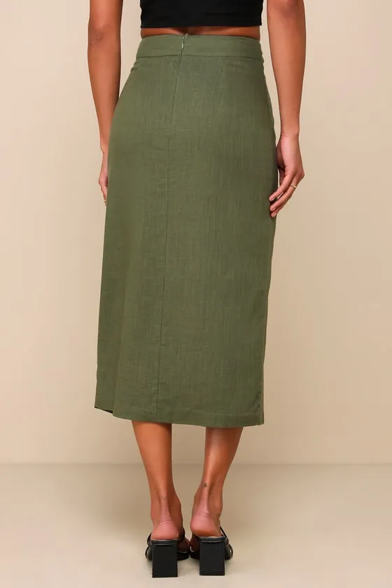 Effortless Aesthetic Olive Green Linen High-Rise Midi Skirt sold by Lulus product image thumbnail 3