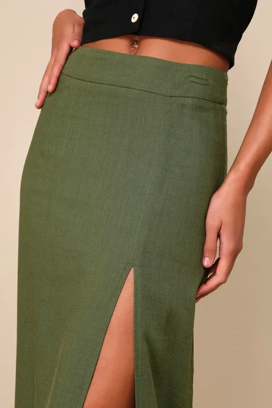 Effortless Aesthetic Olive Green Linen High-Rise Midi Skirt sold by Lulus product image thumbnail 4