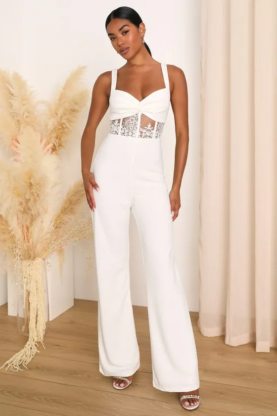 Adore the Feeling White Sheer Lace Bustier Twist-Front Jumpsuit sold by Lulus