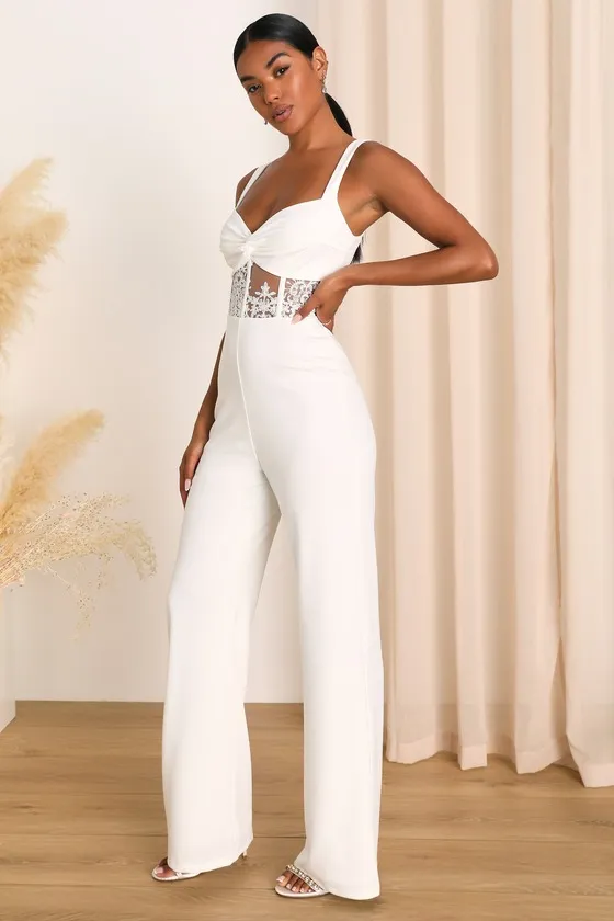 Adore the Feeling White Sheer Lace Bustier Twist-Front Jumpsuit sold by Lulus product image thumbnail 4