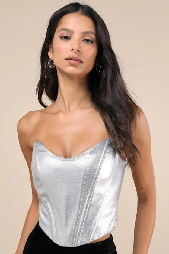Certified Bombshell Silver Vegan Leather Strapless Bustier Top sold by Lulus