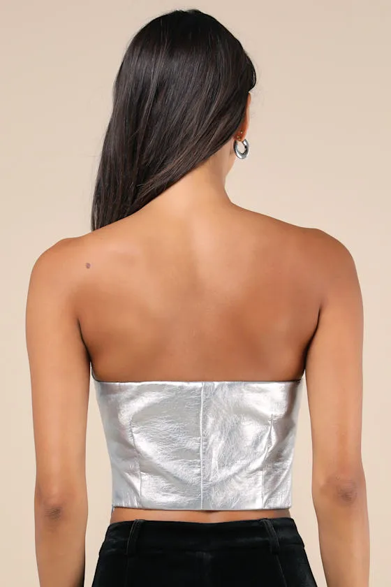 Certified Bombshell Silver Vegan Leather Strapless Bustier Top sold by Lulus product image thumbnail 2