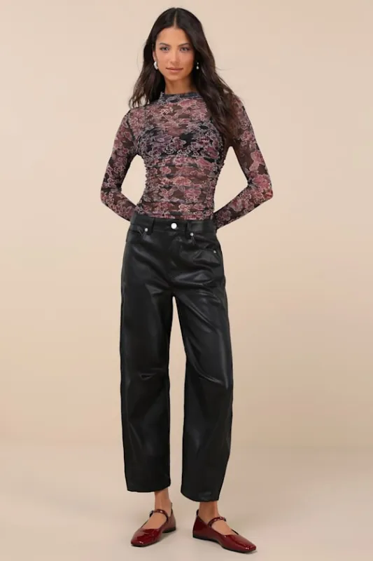 Evening Routine Black Vegan Leather Barrel Leg Pants sold by Lulus