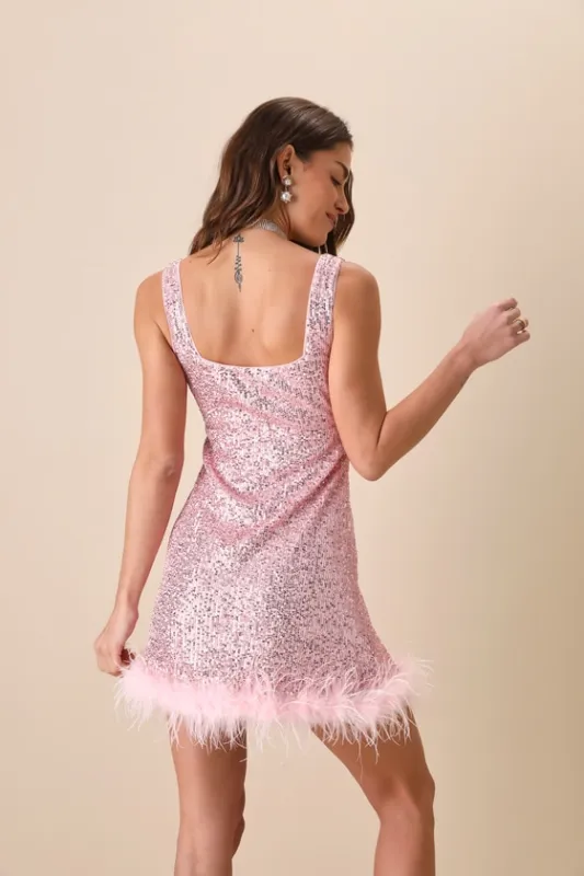 Popular Invite Pink Sequin Mesh Feather Mini Dress sold by Lulus