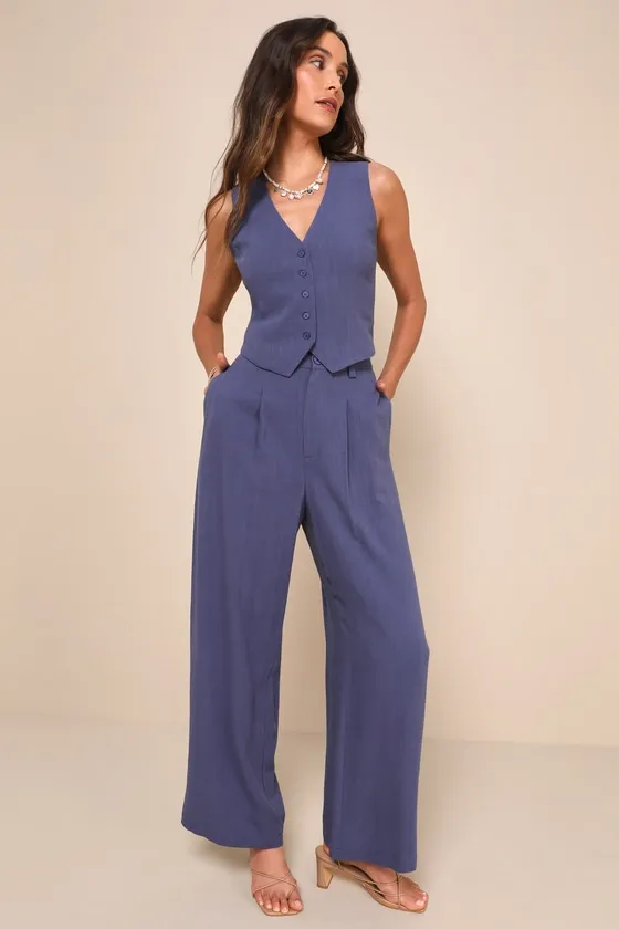 Suits You Perfectly Dark Blue Linen Wide-Leg Pants sold by Lulus