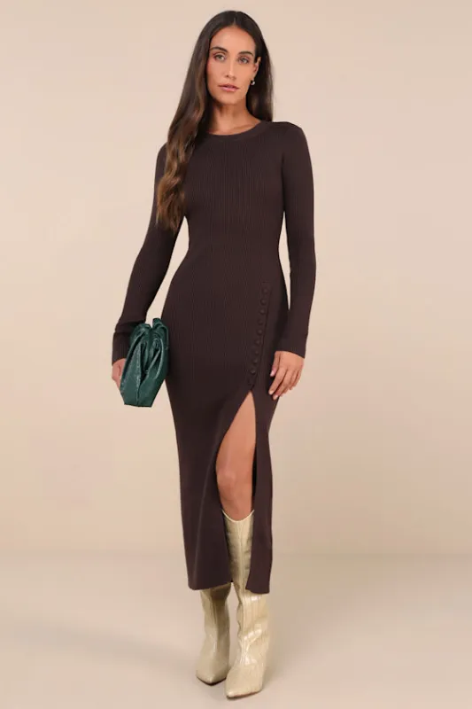 Refined Attitude Brown Ribbed Side Button Midi Sweater Dress sold by Lulus