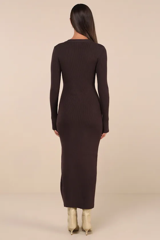 Refined Attitude Brown Ribbed Side Button Midi Sweater Dress sold by Lulus product image thumbnail 3