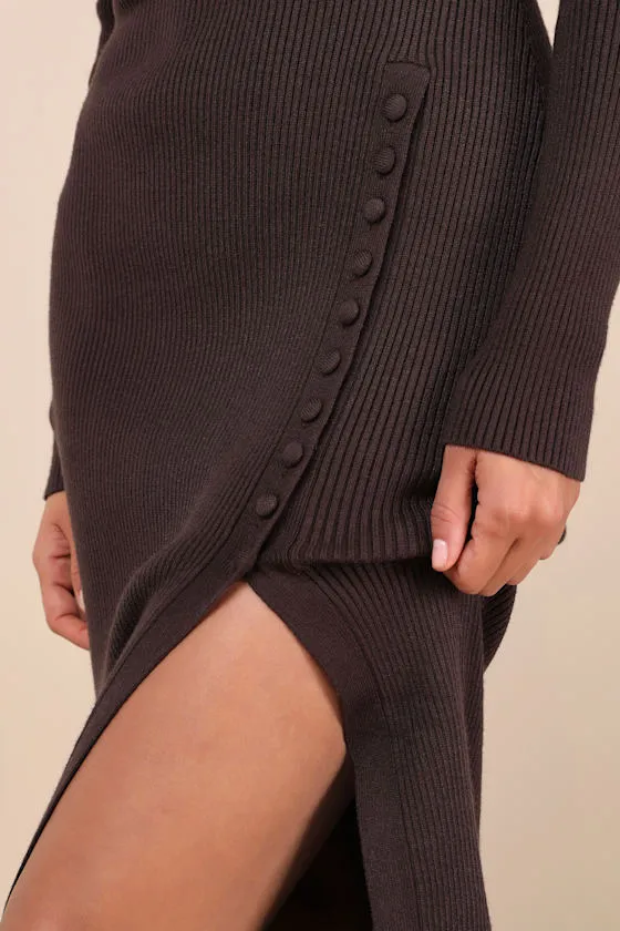Refined Attitude Brown Ribbed Side Button Midi Sweater Dress sold by Lulus product image thumbnail 4