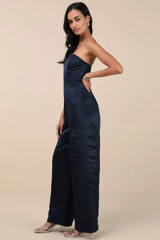 Chicest Trend Midnight Blue Satin Cargo Jumpsuit sold by Lulus