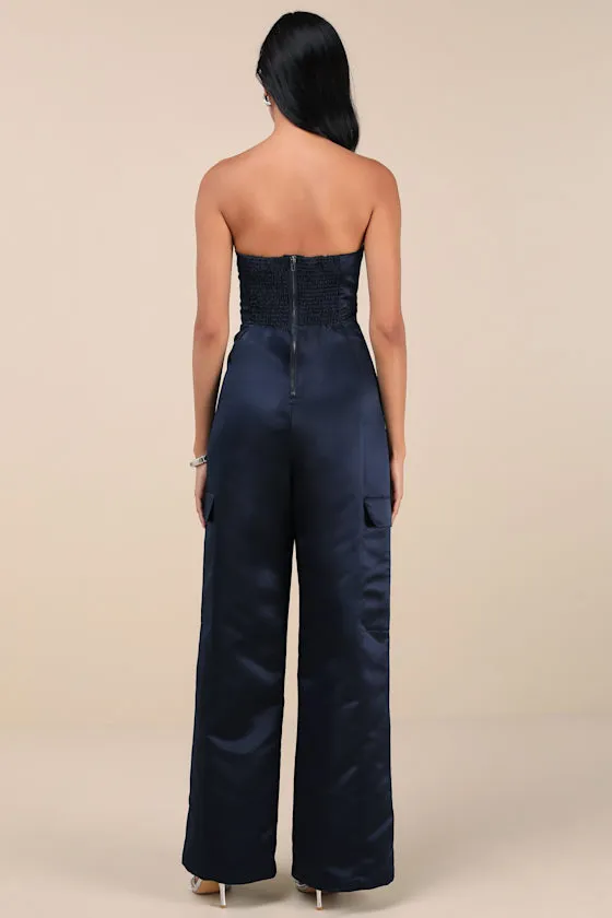 Chicest Trend Midnight Blue Satin Cargo Jumpsuit sold by Lulus product image thumbnail 3