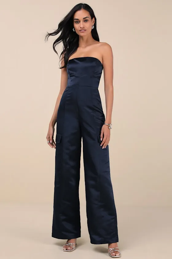Chicest Trend Midnight Blue Satin Cargo Jumpsuit sold by Lulus product image thumbnail 4