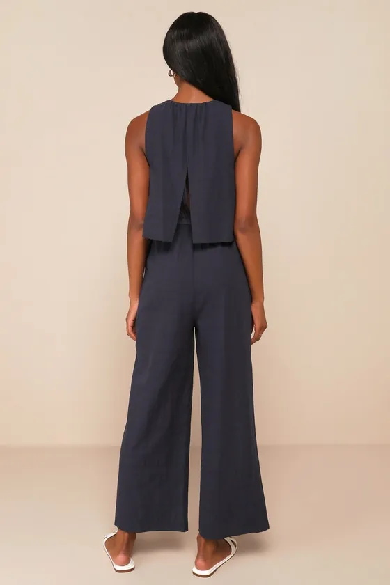 Breezy Sophistication Navy Blue Textured Wide-Leg Jumpsuit sold by Lulus product image thumbnail 2