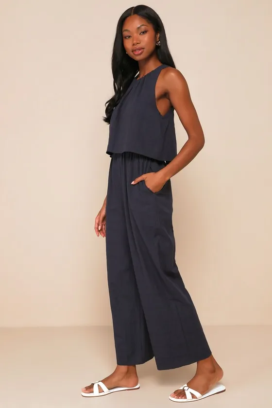 Breezy Sophistication Navy Blue Textured Wide-Leg Jumpsuit sold by Lulus product image thumbnail 3