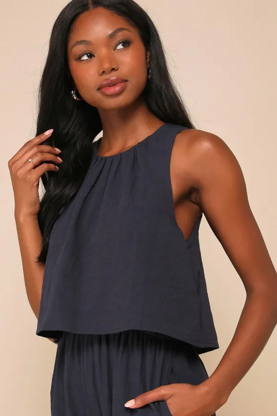 Breezy Sophistication Navy Blue Textured Wide-Leg Jumpsuit sold by Lulus product image thumbnail 4