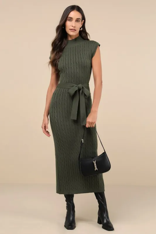 Seasonal Grace Olive Green Cable Knit Mock Neck Midi Dress sold by Lulus