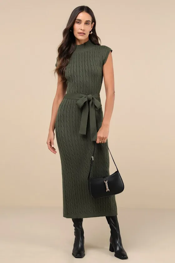 Seasonal Grace Olive Green Cable Knit Mock Neck Midi Dress sold by Lulus