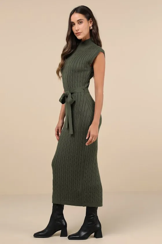 Seasonal Grace Olive Green Cable Knit Mock Neck Midi Dress sold by Lulus product image thumbnail 2