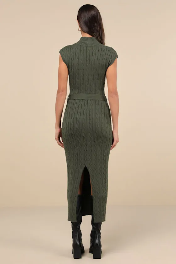 Seasonal Grace Olive Green Cable Knit Mock Neck Midi Dress sold by Lulus product image thumbnail 3