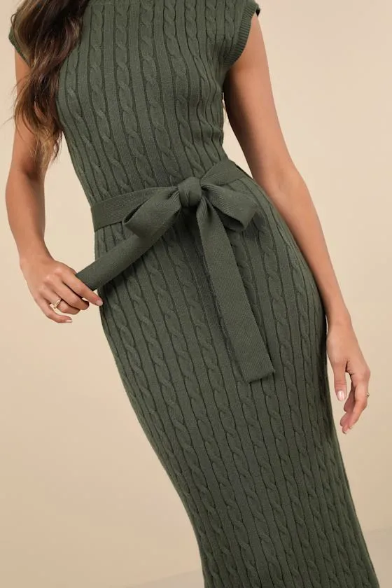 Seasonal Grace Olive Green Cable Knit Mock Neck Midi Dress sold by Lulus product image thumbnail 4