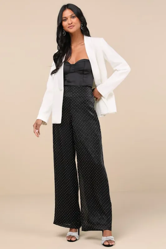 Memorable Style Black Satin Wide-Leg Pants sold by Lulus