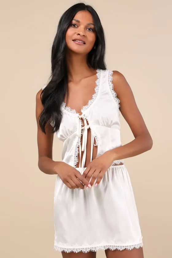 Evening Darling Ivory Lace Tie-Front Two-Piece Pajama Set sold by Lulus