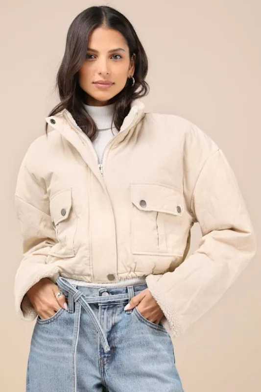 Reela Cream Quilted Cropped Jacket sold by Lulus