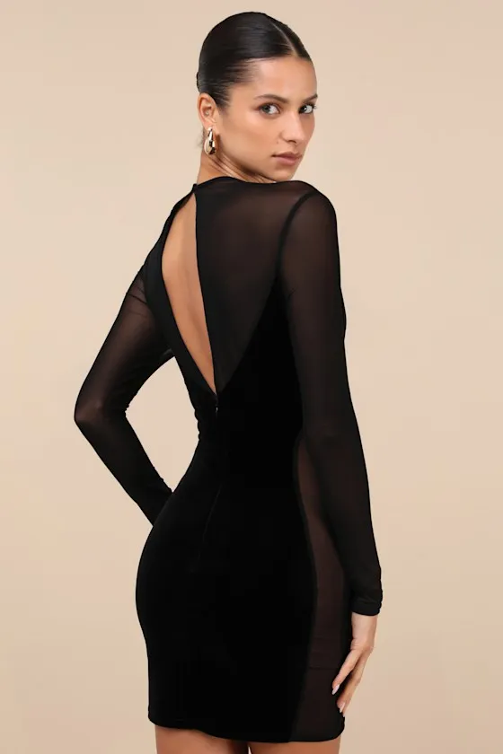 Irresistible Details Black Velvet Mesh Long Sleeve Mini Dress sold by Lulus product image thumbnail 3