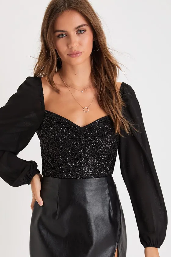 Beautiful Brilliance Black Sequin Long Sleeve Top sold by Lulus
