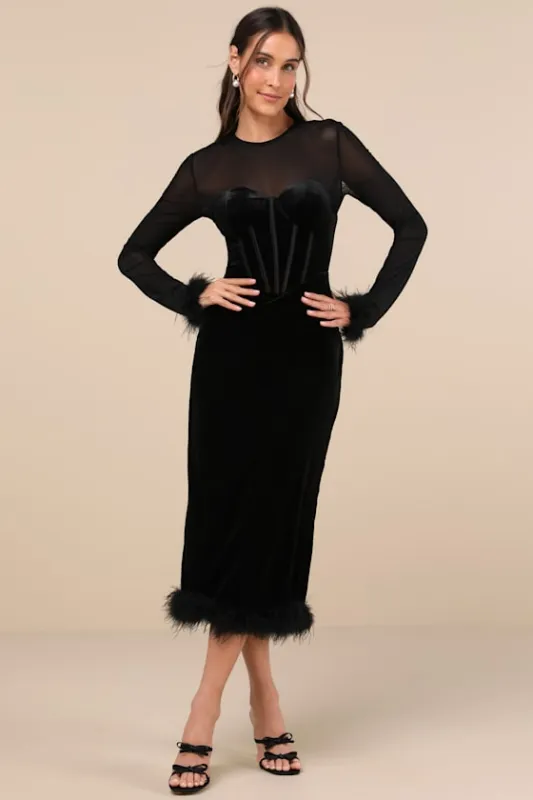 Sensational Situation Black Velvet Feather Bustier Midi Dress sold by Lulus