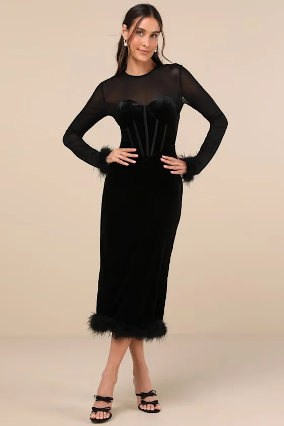 Sensational Situation Black Velvet Feather Bustier Midi Dress sold by Lulus