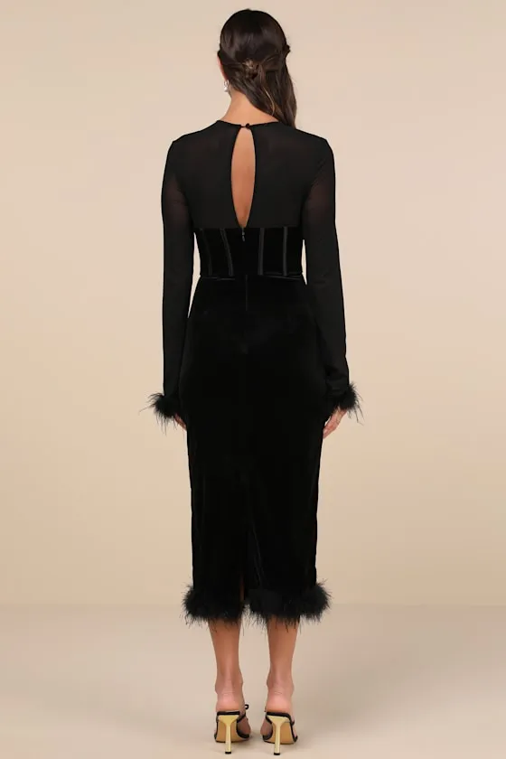 Sensational Situation Black Velvet Feather Bustier Midi Dress sold by Lulus product image thumbnail 2