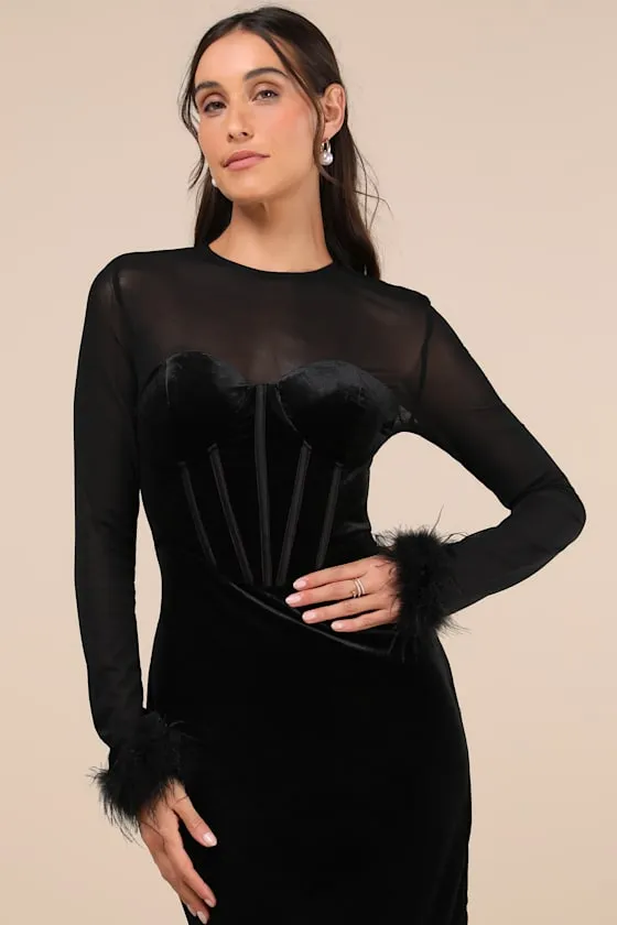 Sensational Situation Black Velvet Feather Bustier Midi Dress sold by Lulus product image thumbnail 3