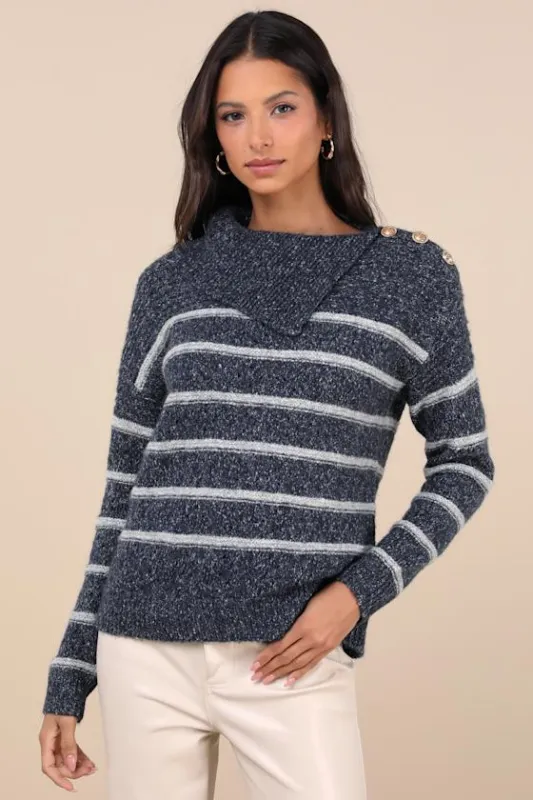 Cozy Warmth Navy Blue Marled Striped Sweater sold by Lulus