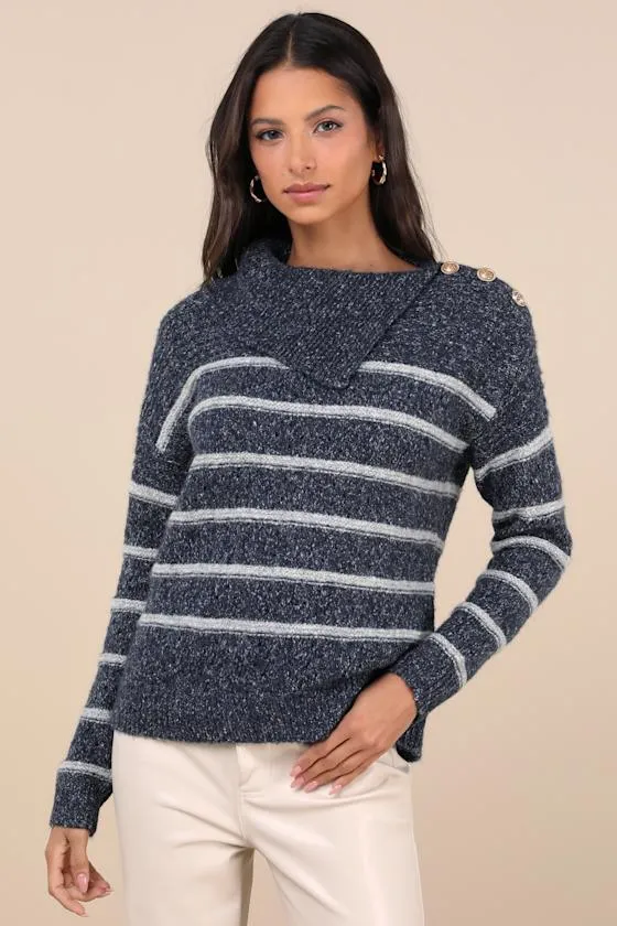 Cozy Warmth Navy Blue Marled Striped Sweater sold by Lulus