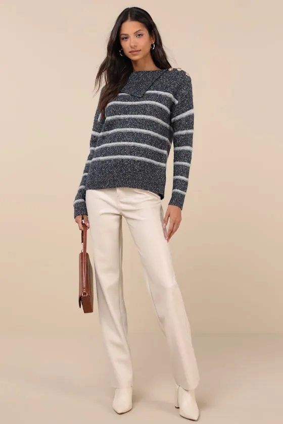 Cozy Warmth Navy Blue Marled Striped Sweater sold by Lulus product image thumbnail 2