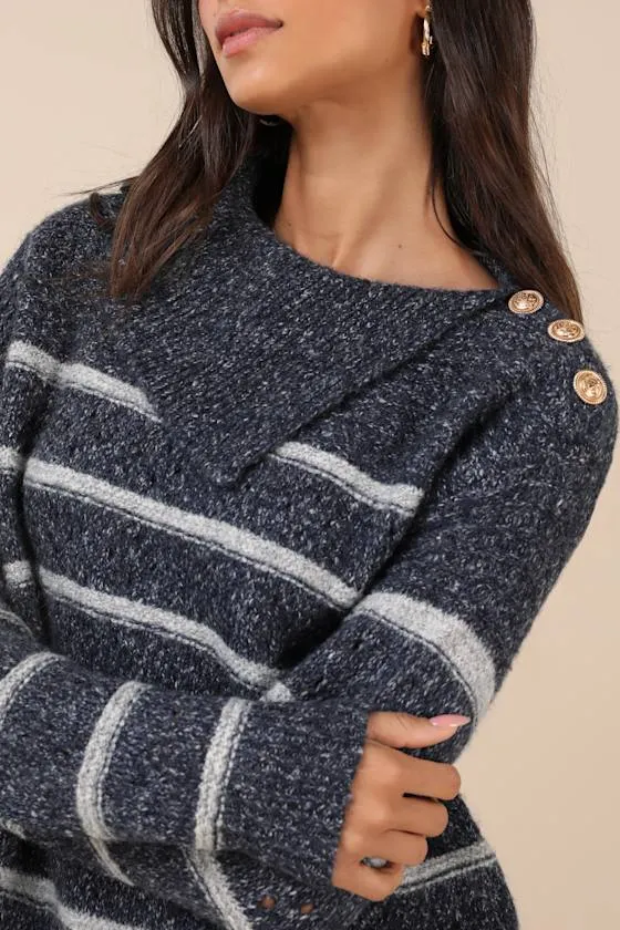 Cozy Warmth Navy Blue Marled Striped Sweater sold by Lulus product image thumbnail 4