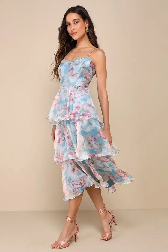 Darling Aesthetic Light Blue Floral Print Tiered Midi Dress sold by Lulus