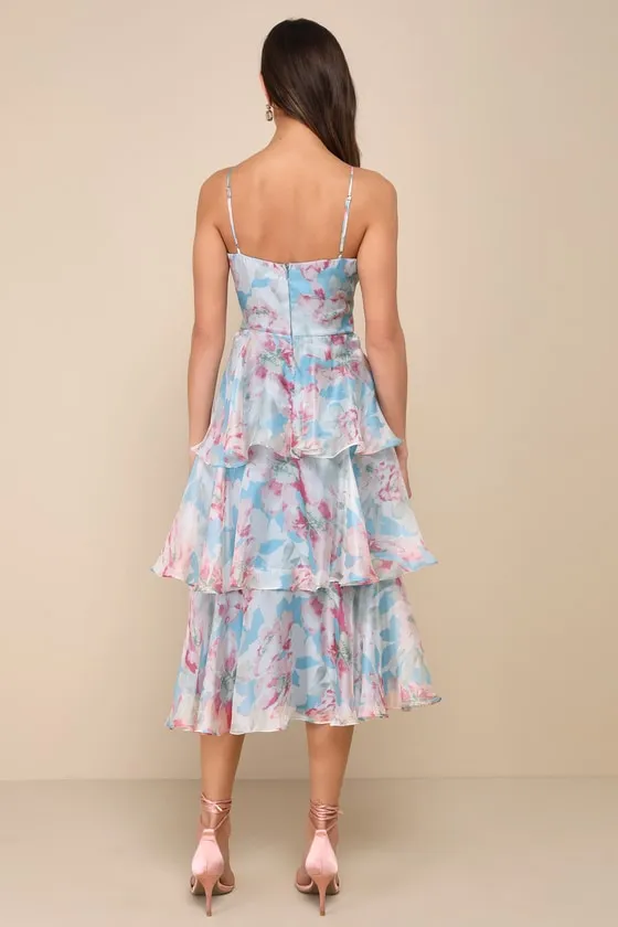 Darling Aesthetic Light Blue Floral Print Tiered Midi Dress sold by Lulus product image thumbnail 2
