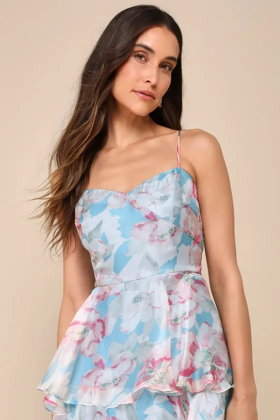 Darling Aesthetic Light Blue Floral Print Tiered Midi Dress sold by Lulus product image thumbnail 3