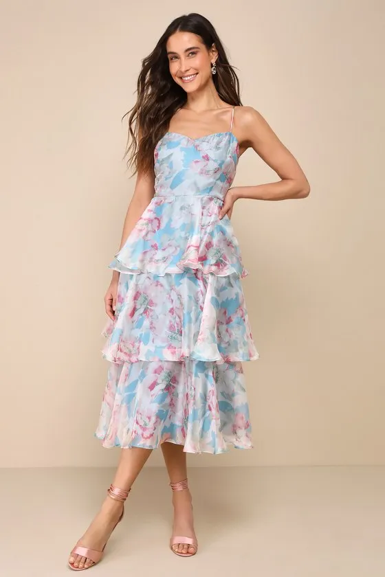 Darling Aesthetic Light Blue Floral Print Tiered Midi Dress sold by Lulus product image thumbnail 4