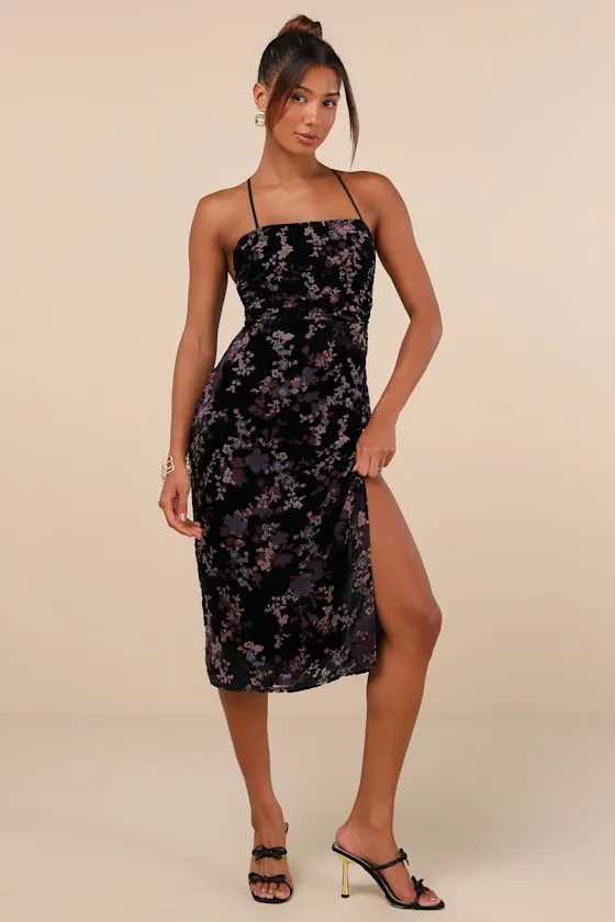 Elegant Persuasion Black Burnout Velvet Lace-Up Midi Dress sold by Lulus