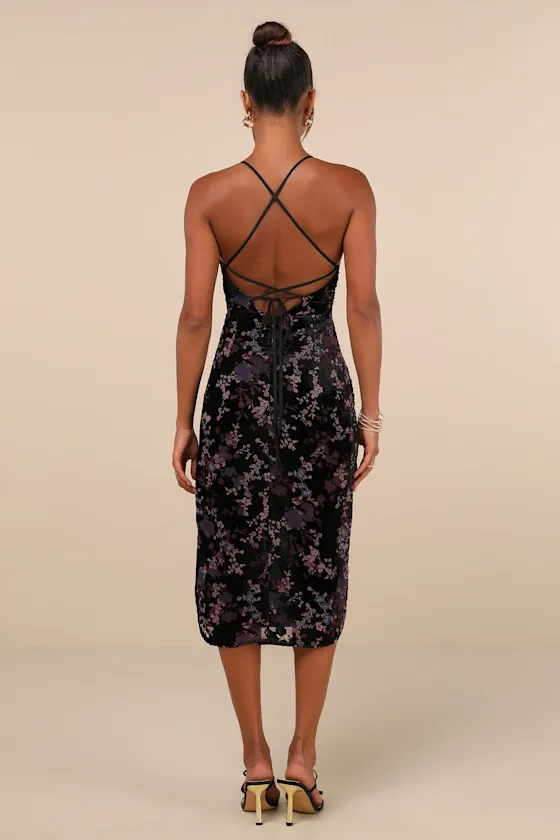 Elegant Persuasion Black Burnout Velvet Lace-Up Midi Dress sold by Lulus product image thumbnail 2