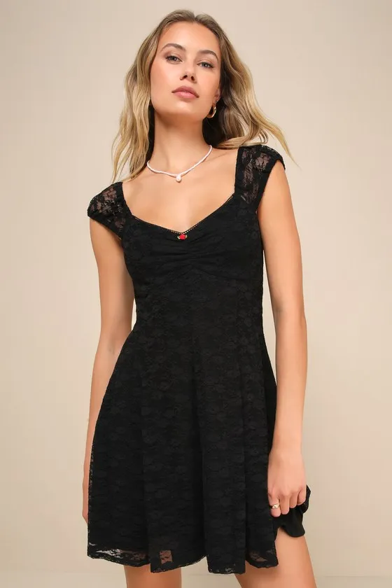 Sweetest Life Black Floral Lace Rosette Cap Sleeve Mini Dress sold by Lulus