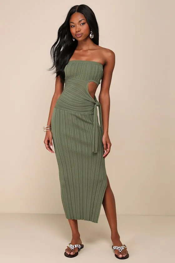 Serene Chicness Olive Green Ribbed Cutout Sweater Midi Dress sold by Lulus