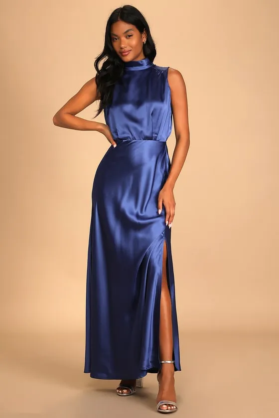 Classic Elegance Blue Satin Sleeveless Mock Neck Maxi Dress sold by Lulus