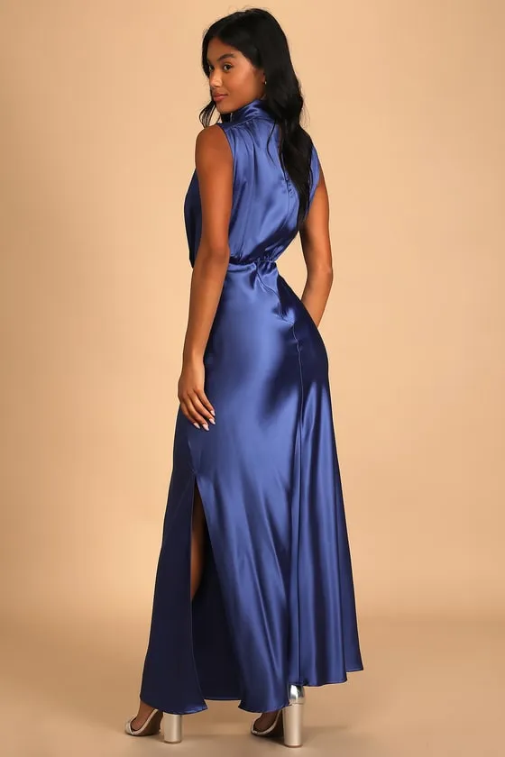 Classic Elegance Blue Satin Sleeveless Mock Neck Maxi Dress sold by Lulus product image thumbnail 3